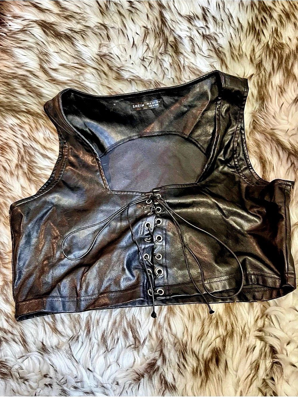 Lace Up Corset Vest Crop Top Black Faux Leather Size XL
